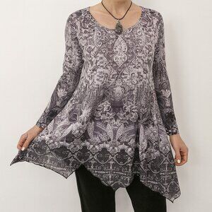 OneWorld Womens 1X Black White Paisley Print Tunic Top 3/4 Sleeve Stretch Blouse